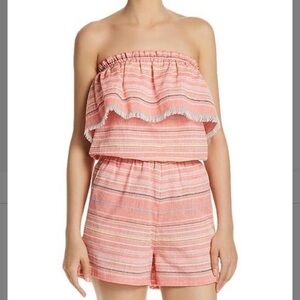 🆕 Aqua Coral & Light Pink Ruffle-Accent Off-Shoulder Romper Stripes Fringe